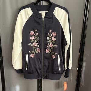 American Rag Floral Embroidered Bomber Jacket - Black and Cream